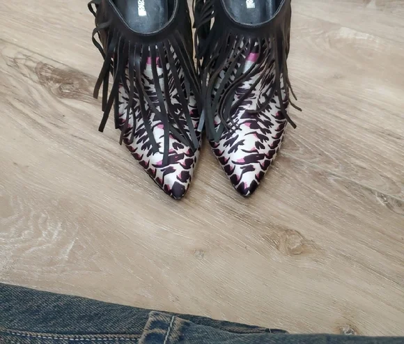 Just Cavalli Black and Purple Satin Boot With Black Leather Fringe Overlay - Picture 3 of 8